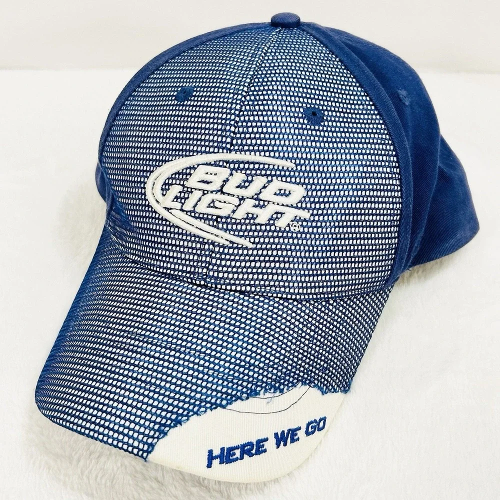 Bud Light Mesh Distressed Hat Cap Adjustable Strapback Blue Outdoors‎ Casual
